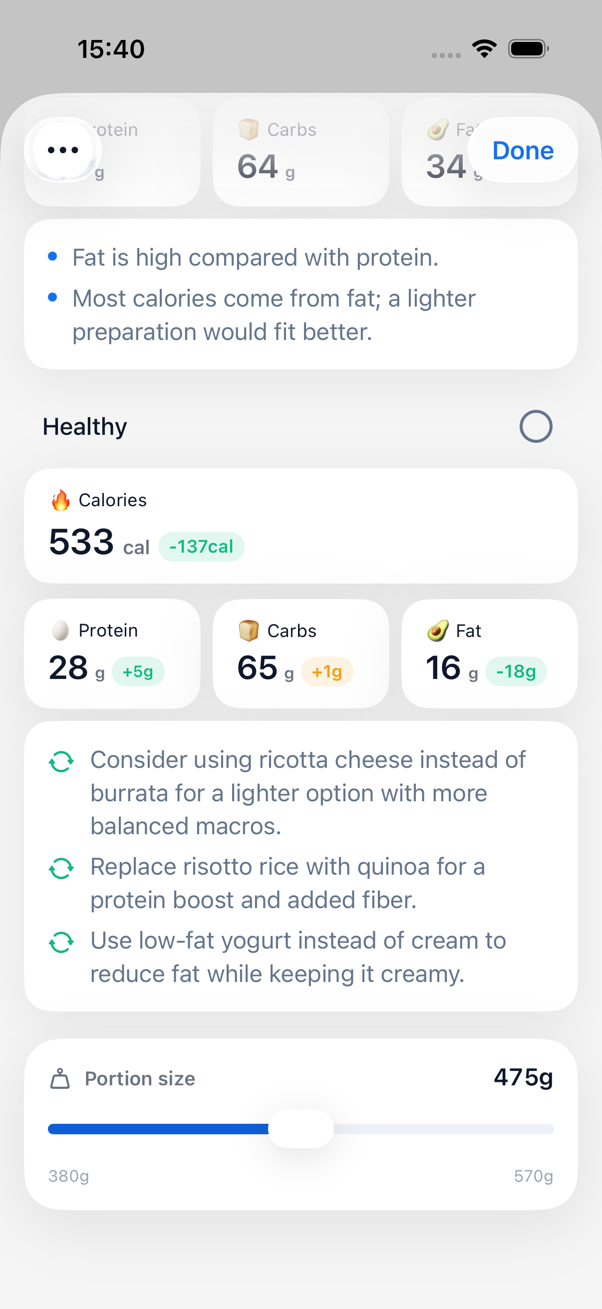 Cherry AI evaluation showing a Healthy comparison, macro deltas, ingredient swaps and a portion slider