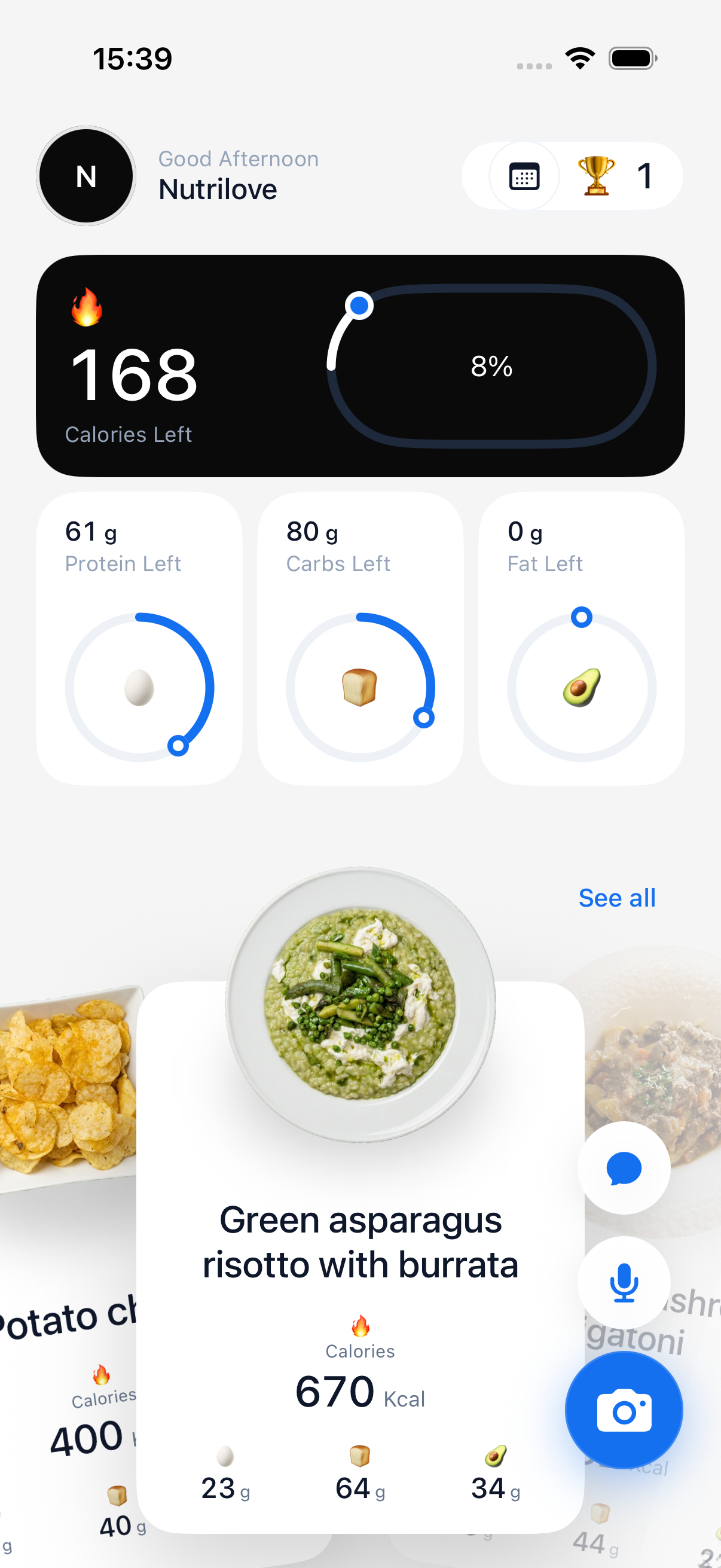 Cherry home dashboard with calorie and macro rings and a meal carousel