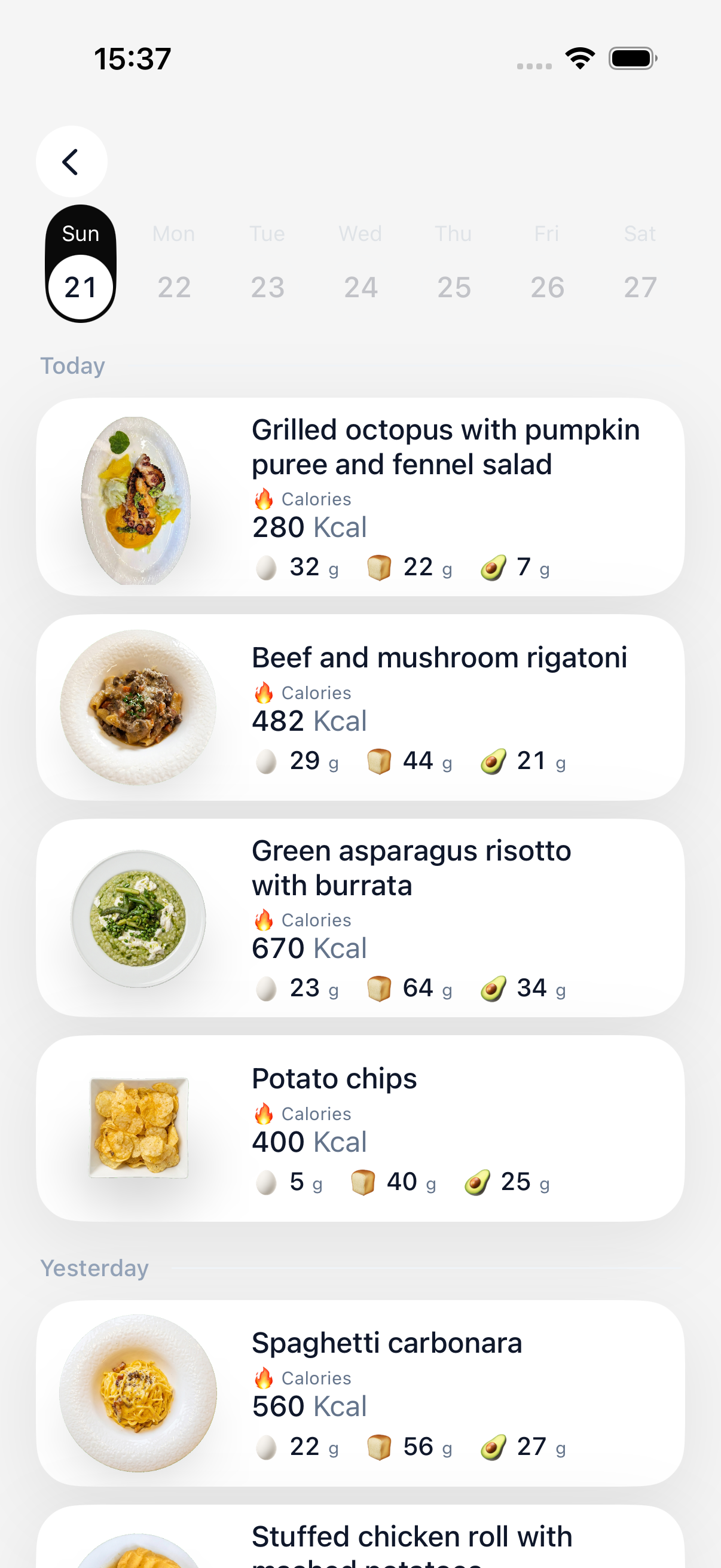 Cherry full-day food log as a list of meal cards