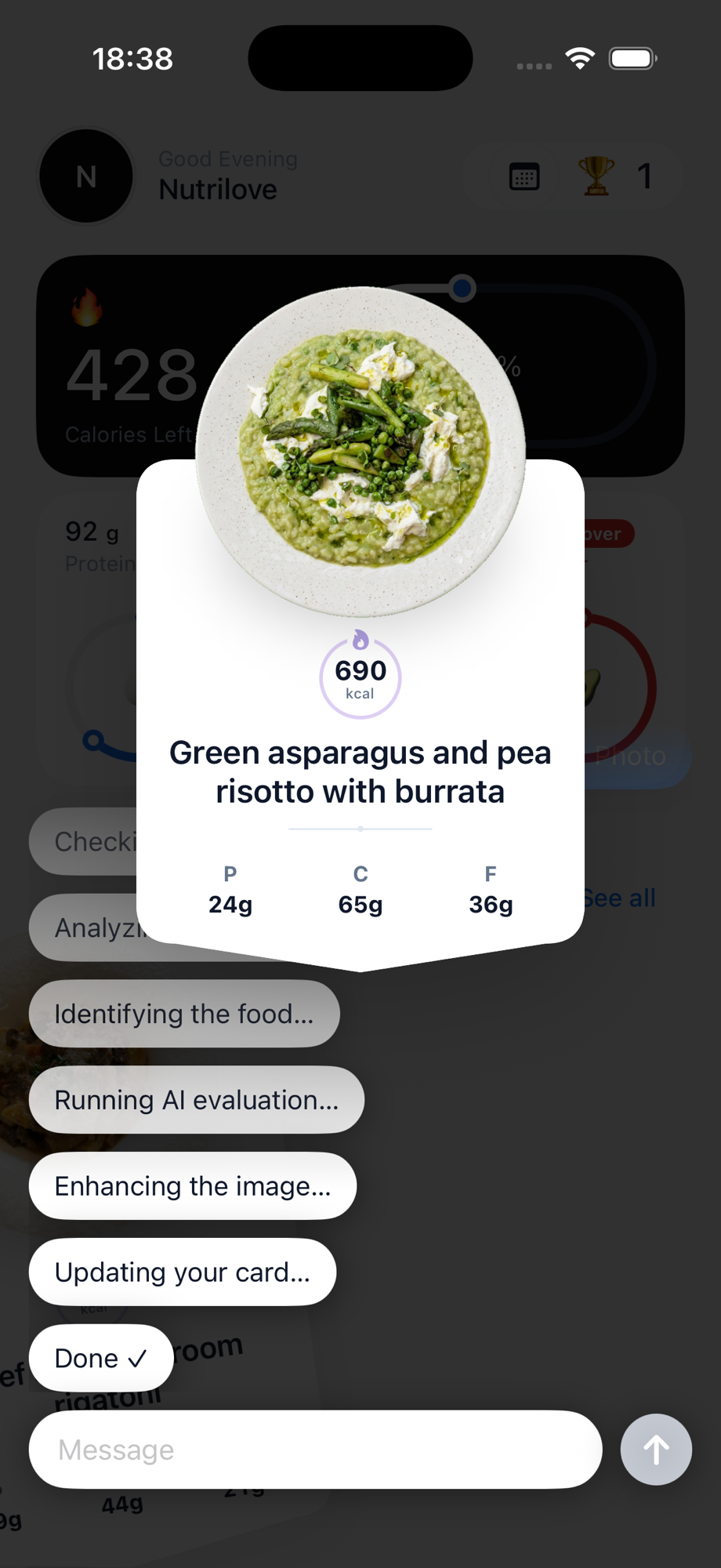 Cherry's meal card filling in with the conversation behind it after a photo